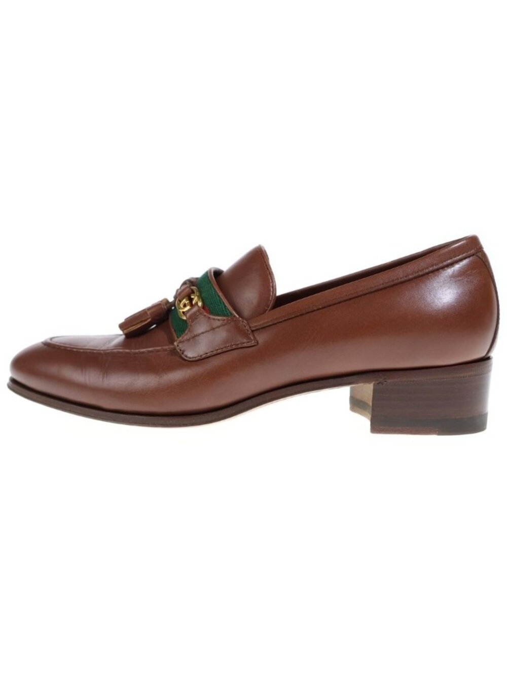 Gucci Interlocking G Web Line Leather Tassel Loafers Shoes Brown